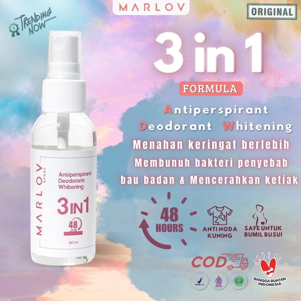 MARLOV Antiperspirant Deodorant Whitening 3in1 Spray Semprot Tahan 48Jam Anti Bau Ketiak 60ml