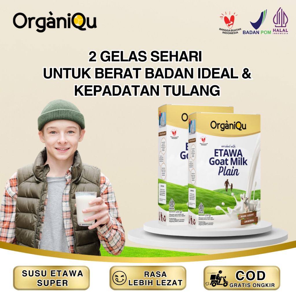 OrganiQu Etawa Goat Milk PLAIN-NO SUGAR Bantu PEMULIHAN PASCA SAKIT, menguatkan tulang dan gigi, melancarkan pencernaan dan menjaga berat badan ideal (susu kambing bubuk)