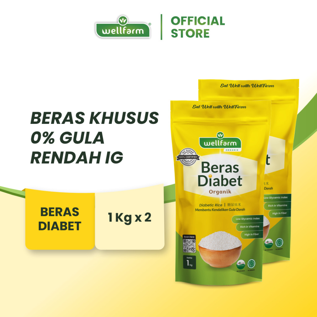 Wellfarm Beras Diabetes Organik | Beras Diabet Rendah Glikemik Index, Paket Hemat 2 Kg