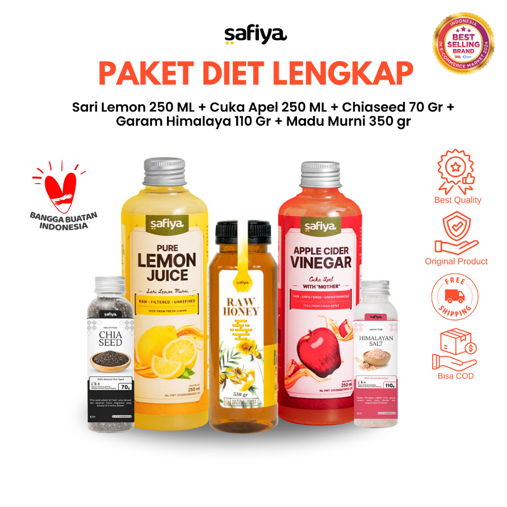 Safiya Paket Super 5in1 Cuka Lemon Madu Chiaseed Garam Diet Lengkap HalweyJaktim