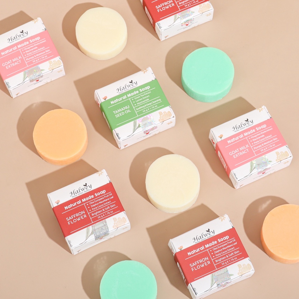FREE JARING SABUN Halwey Natural Made Soap Organik,Safron,Tamanu,Goat Milk,50 Gr Halal, BPOM
